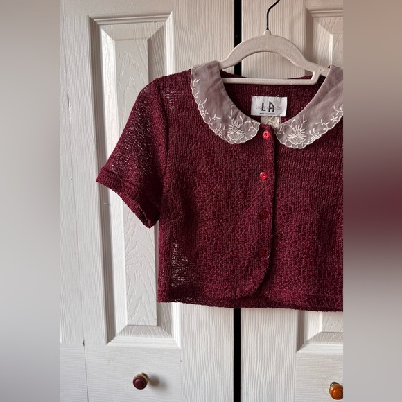 Vintage Coastal Granny Knit Cardigan Burgundy White Mesh and Embroidered Collar - Picture 6 of 11